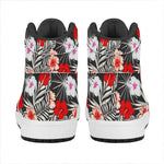 White Tropical Hibiscus Pattern Print High Top Leather Sneakers