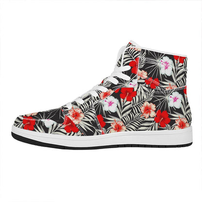 White Tropical Hibiscus Pattern Print High Top Leather Sneakers