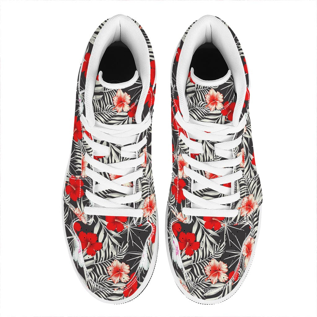 White Tropical Hibiscus Pattern Print High Top Leather Sneakers