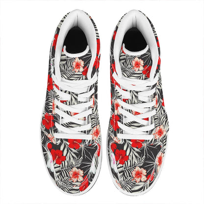 White Tropical Hibiscus Pattern Print High Top Leather Sneakers