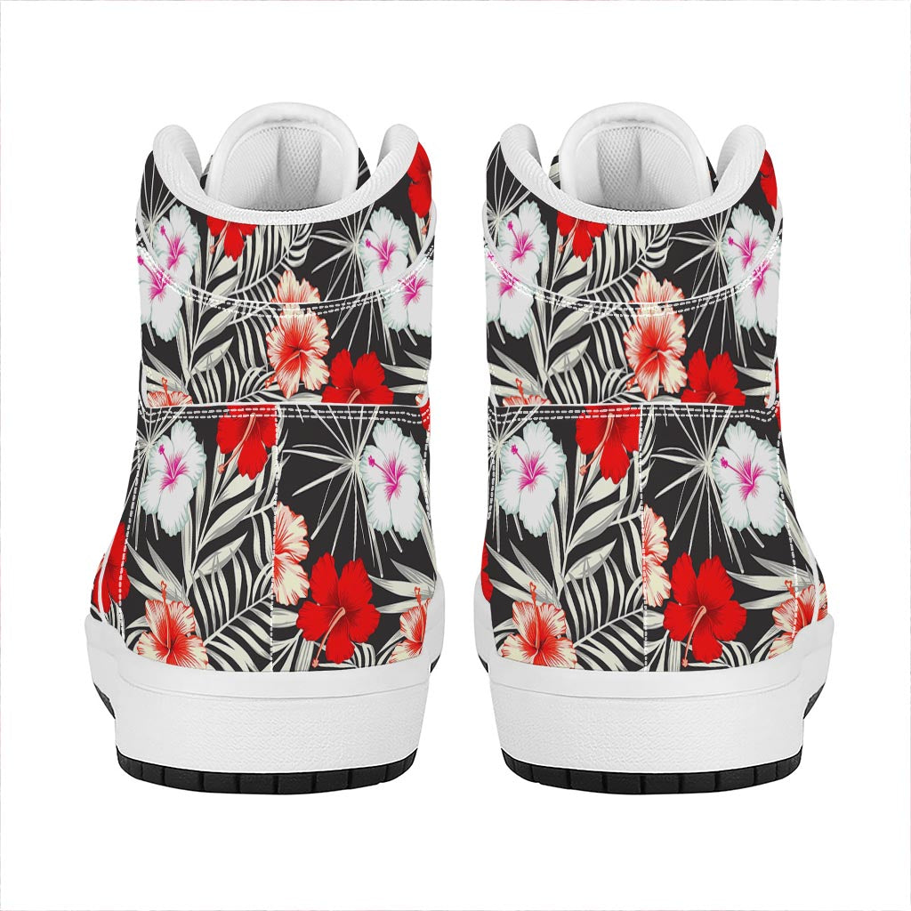 White Tropical Hibiscus Pattern Print High Top Leather Sneakers