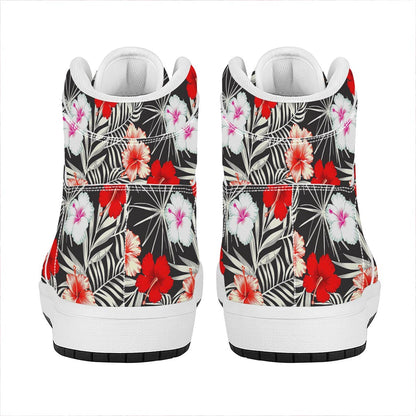 White Tropical Hibiscus Pattern Print High Top Leather Sneakers