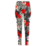 White Tropical Hibiscus Pattern Print High-Waisted Pocket Leggings
