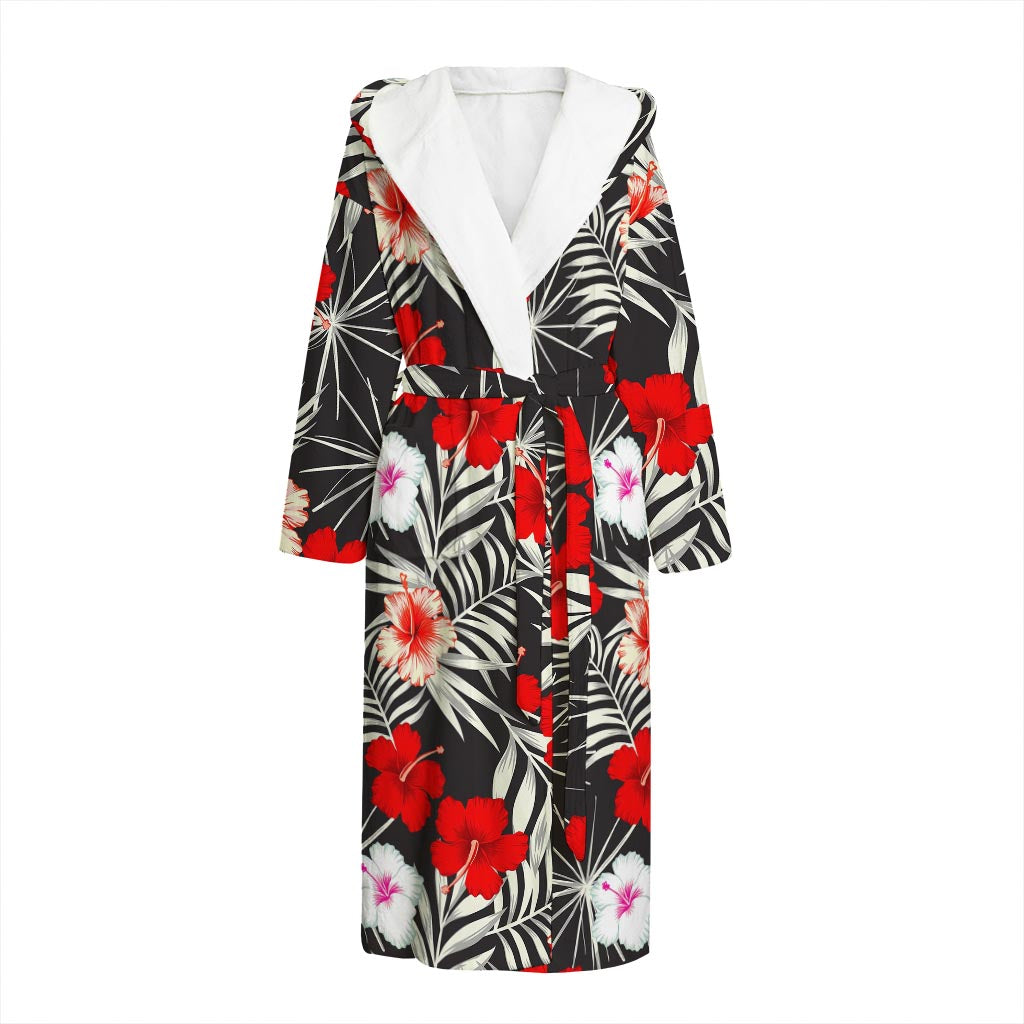 White Tropical Hibiscus Pattern Print Hooded Bathrobe