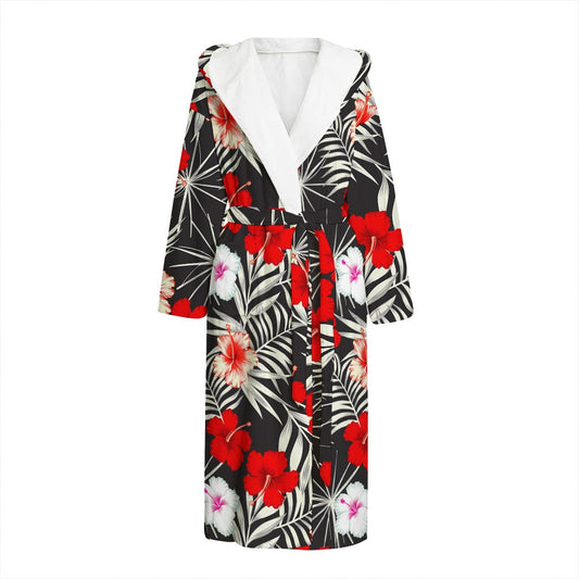 White Tropical Hibiscus Pattern Print Hooded Bathrobe