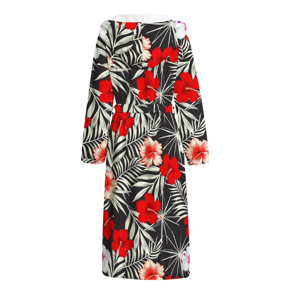White Tropical Hibiscus Pattern Print Hooded Bathrobe