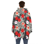 White Tropical Hibiscus Pattern Print Hoodie Blanket