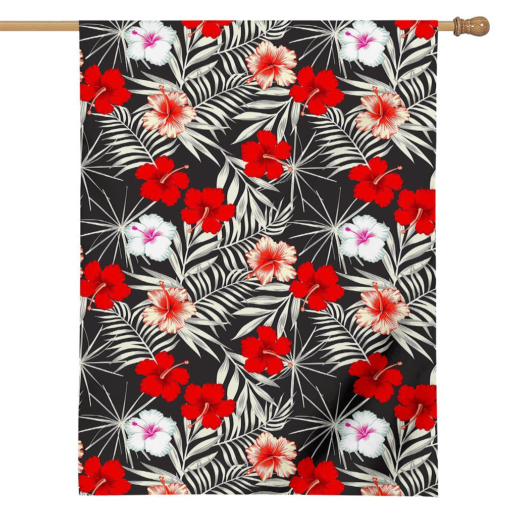 White Tropical Hibiscus Pattern Print House Flag