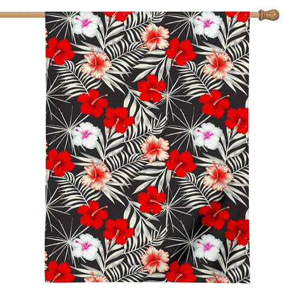 White Tropical Hibiscus Pattern Print House Flag