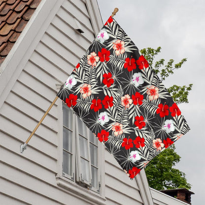 White Tropical Hibiscus Pattern Print House Flag
