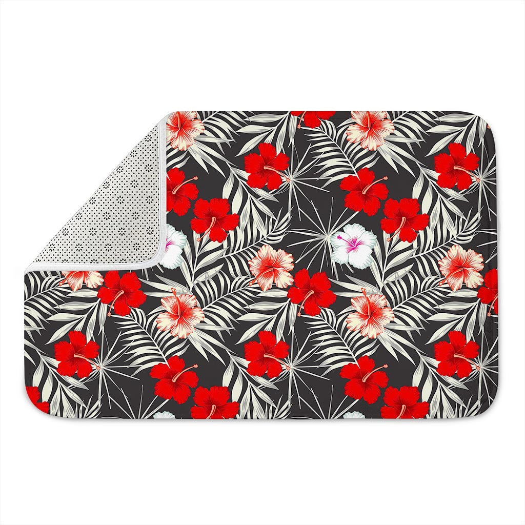 White Tropical Hibiscus Pattern Print Indoor Door Mat