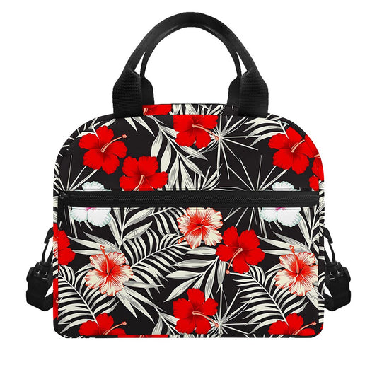 White Tropical Hibiscus Pattern Print Insulated Lunch Bag