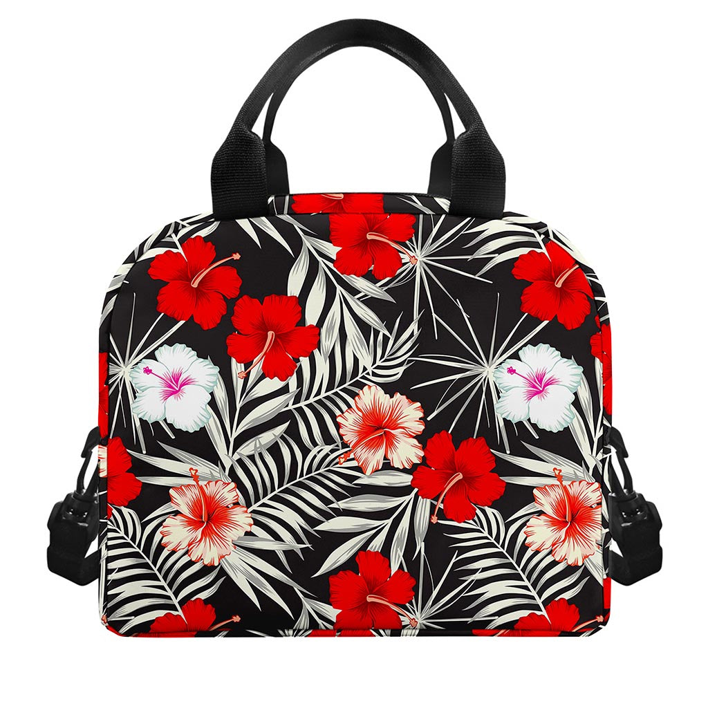 White Tropical Hibiscus Pattern Print Insulated Lunch Bag