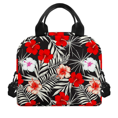 White Tropical Hibiscus Pattern Print Insulated Lunch Bag