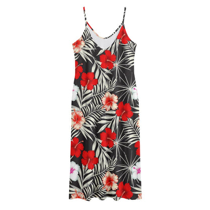White Tropical Hibiscus Pattern Print Jersey Midi Cami Dress