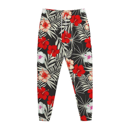 White Tropical Hibiscus Pattern Print Jogger Pants