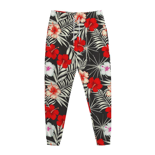 White Tropical Hibiscus Pattern Print Jogger Pants
