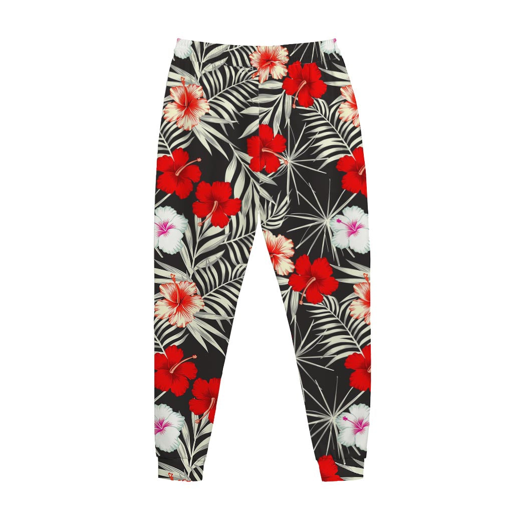 White Tropical Hibiscus Pattern Print Jogger Pants