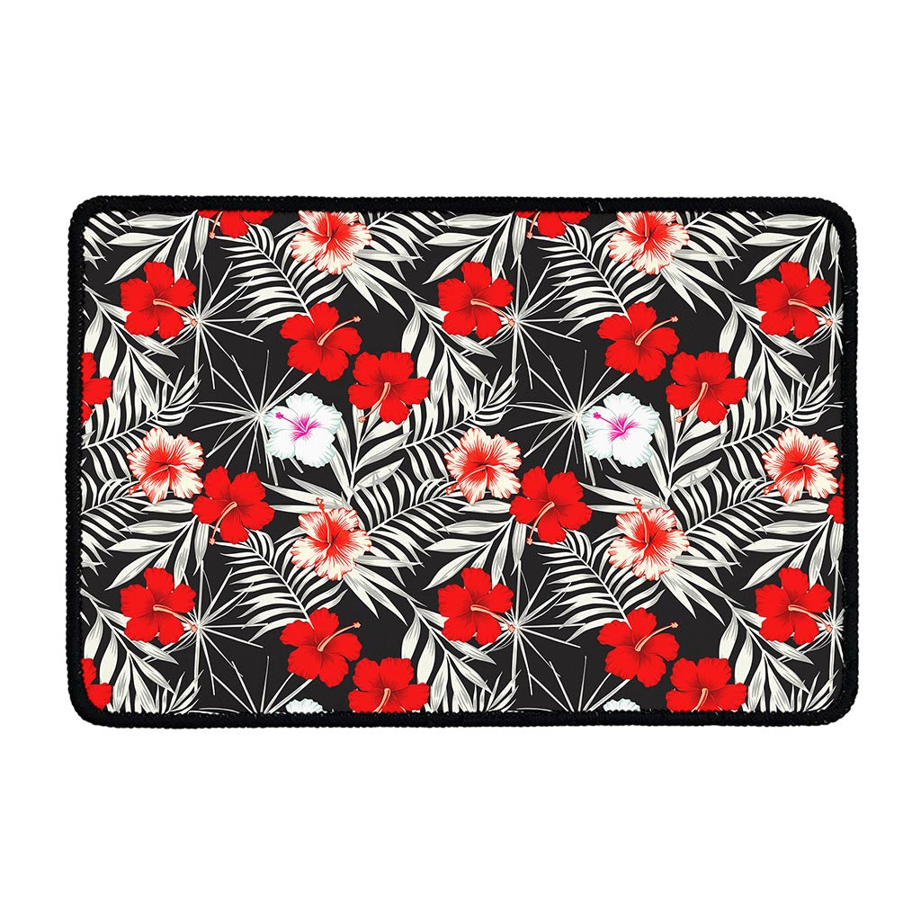 White Tropical Hibiscus Pattern Print Kitchen Mat