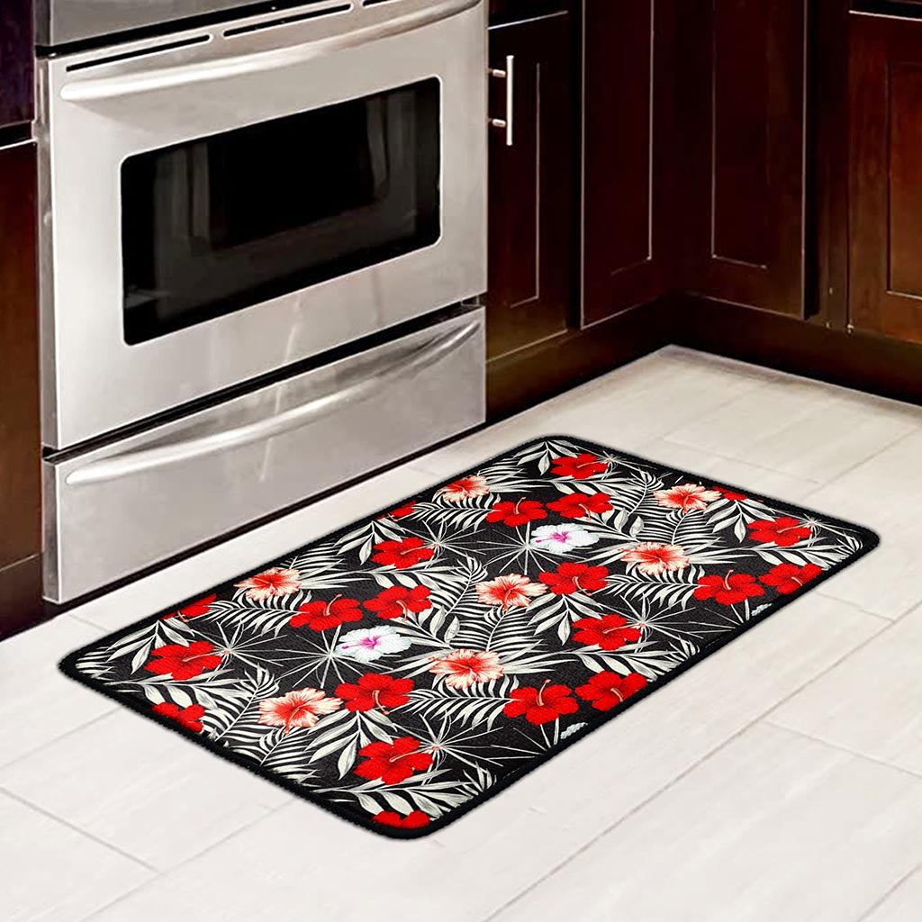 White Tropical Hibiscus Pattern Print Kitchen Mat