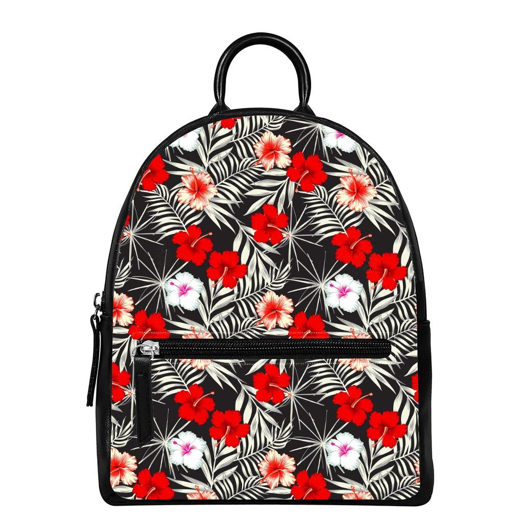 White Tropical Hibiscus Pattern Print Leather Backpack