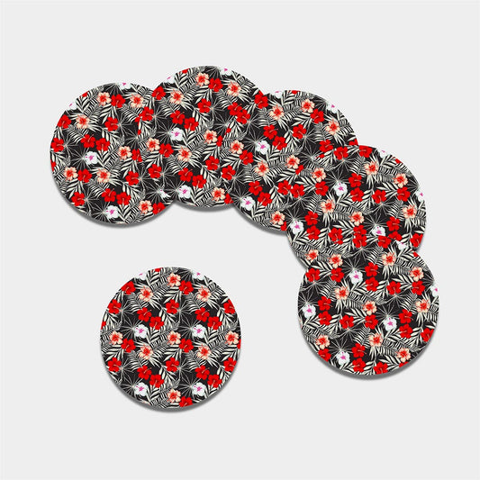 White Tropical Hibiscus Pattern Print Leather Coaster Set