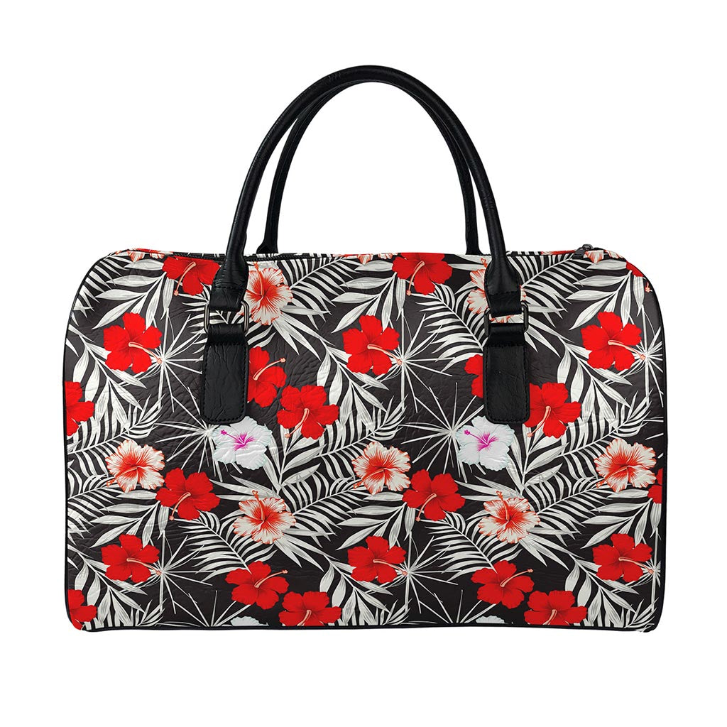 White Tropical Hibiscus Pattern Print Leather Duffle Bag