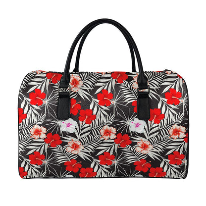 White Tropical Hibiscus Pattern Print Leather Duffle Bag