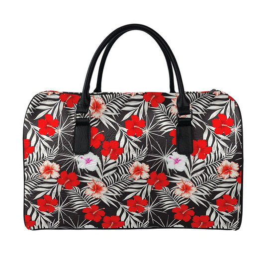 White Tropical Hibiscus Pattern Print Leather Duffle Bag