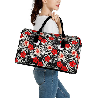 White Tropical Hibiscus Pattern Print Leather Duffle Bag