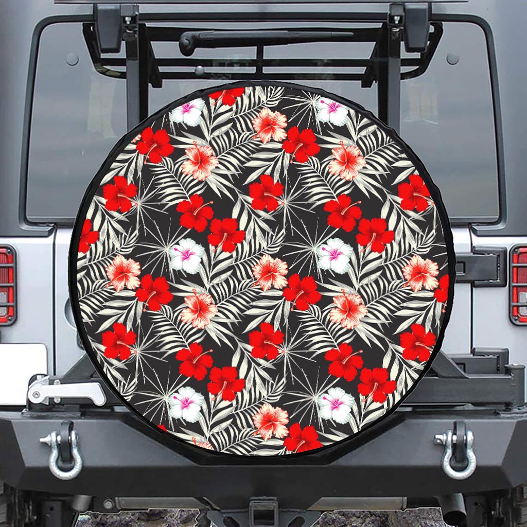 White Tropical Hibiscus Pattern Print Leather Spare Tire Cover