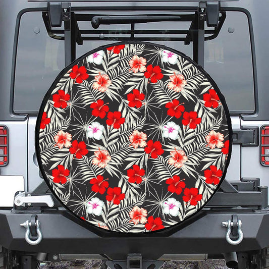 White Tropical Hibiscus Pattern Print Leather Spare Tire Cover