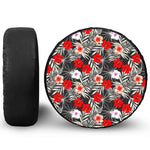 White Tropical Hibiscus Pattern Print Leather Spare Tire Cover