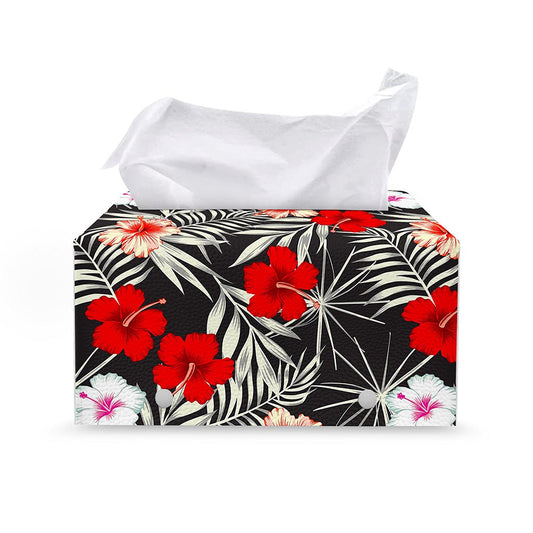 White Tropical Hibiscus Pattern Print Leather Tissue Box Cover