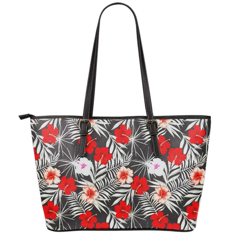 White Tropical Hibiscus Pattern Print Leather Tote Bag