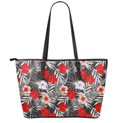 White Tropical Hibiscus Pattern Print Leather Tote Bag
