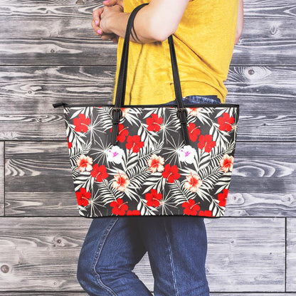White Tropical Hibiscus Pattern Print Leather Tote Bag