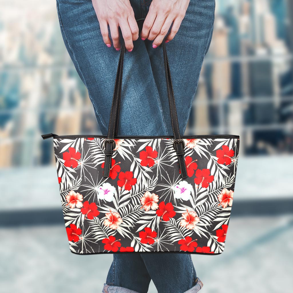 White Tropical Hibiscus Pattern Print Leather Tote Bag