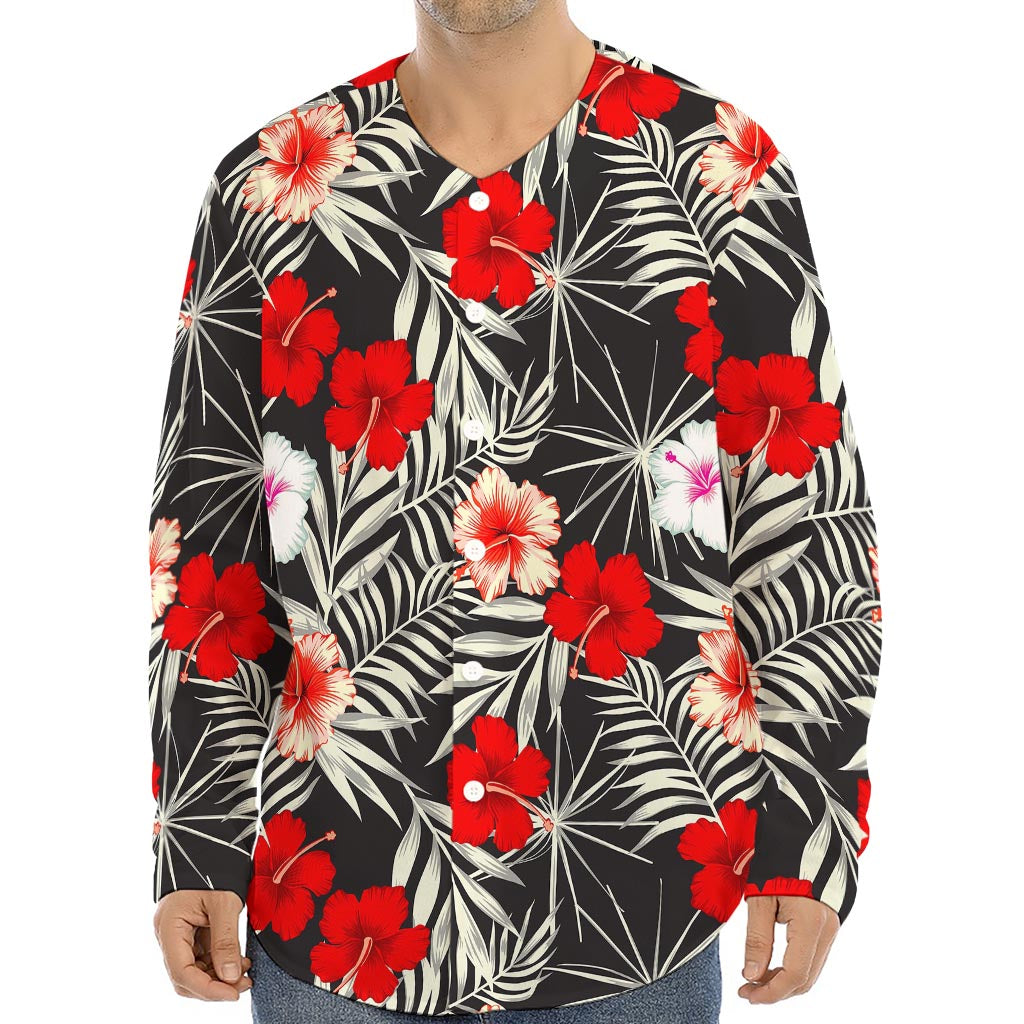 White Tropical Hibiscus Pattern Print Long Sleeve Baseball Jersey