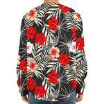 White Tropical Hibiscus Pattern Print Long Sleeve Baseball Jersey