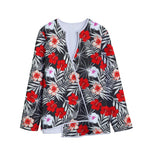 White Tropical Hibiscus Pattern Print Long Sleeve Short Coat