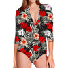 White Tropical Hibiscus Pattern Print Long Sleeve Swimsuit