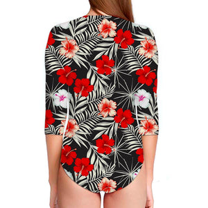 White Tropical Hibiscus Pattern Print Long Sleeve Swimsuit