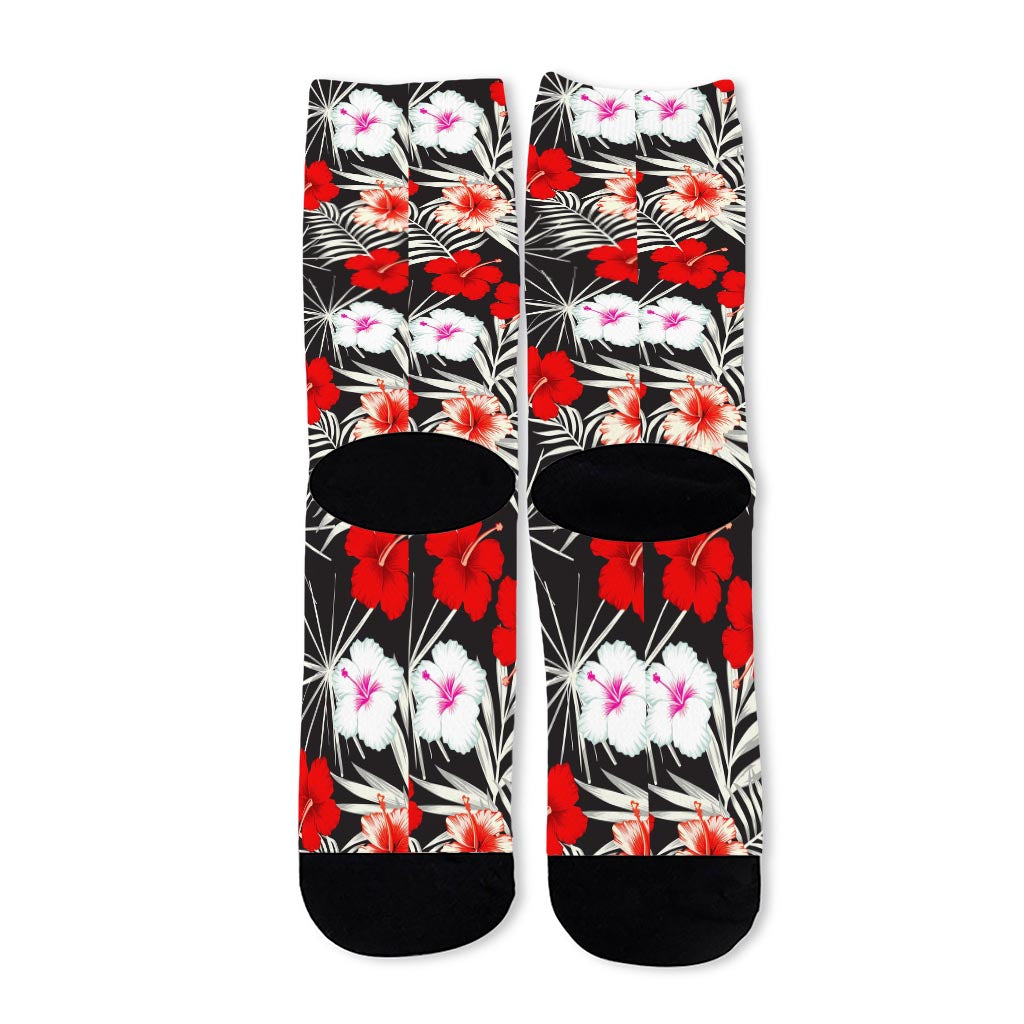 White Tropical Hibiscus Pattern Print Long Socks