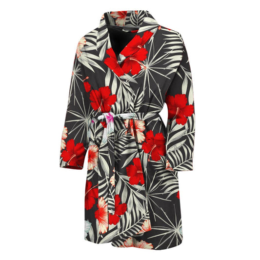 White Tropical Hibiscus Pattern Print Men's Bathrobe