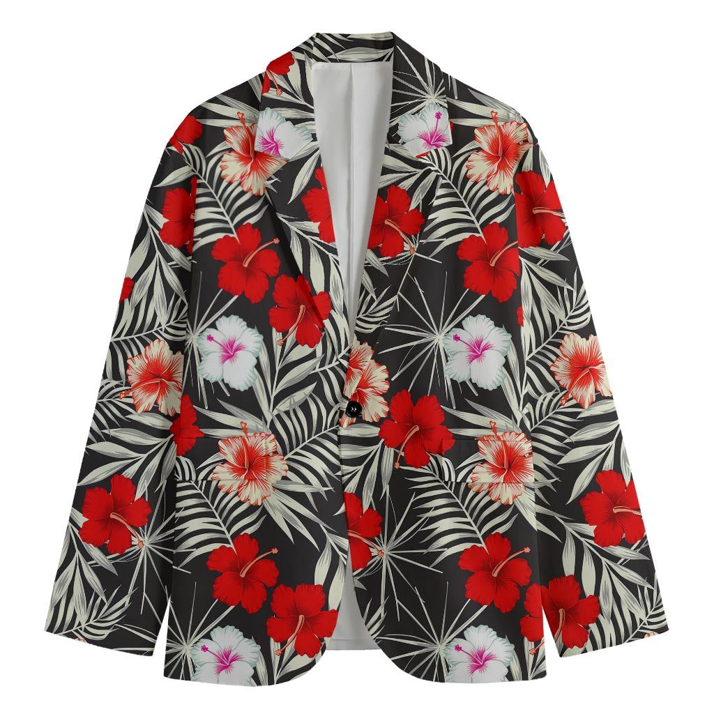 White Tropical Hibiscus Pattern Print Men's Blazer