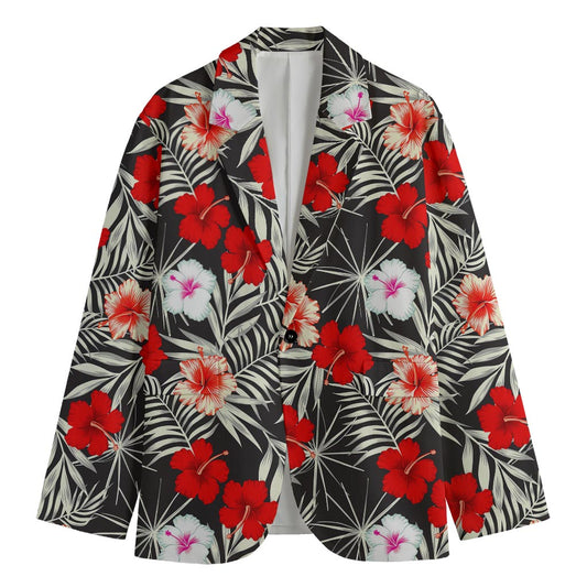 White Tropical Hibiscus Pattern Print Men's Blazer