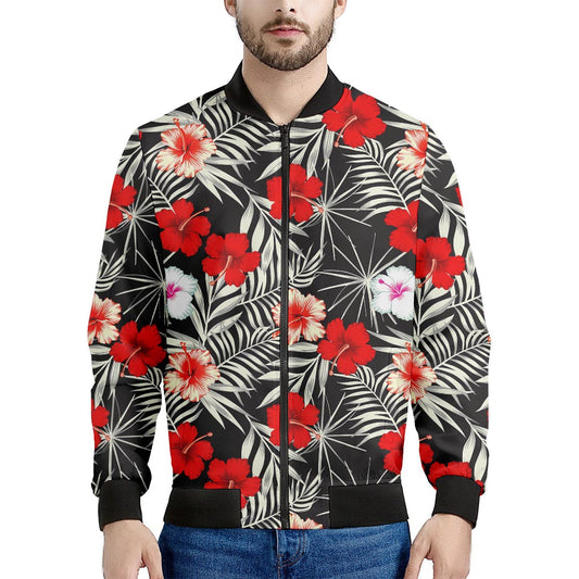 White Tropical Hibiscus Pattern Print Men's Bomber Jacket