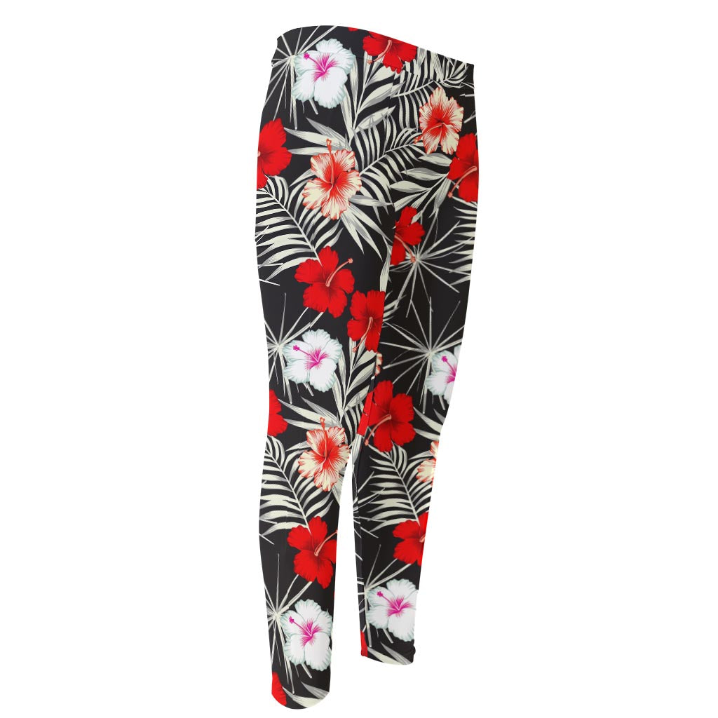 White Tropical Hibiscus Pattern Print Men's Compression Pants
