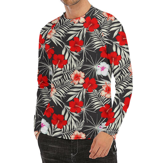 White Tropical Hibiscus Pattern Print Men's Long Sleeve Rash Guard